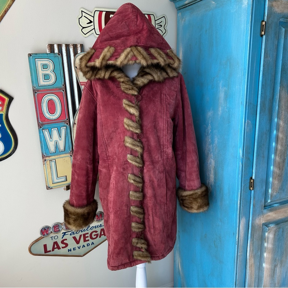 Dennis Basso Cranberry Suede Faux Fur Hooded Coat - Picture 2 of 15